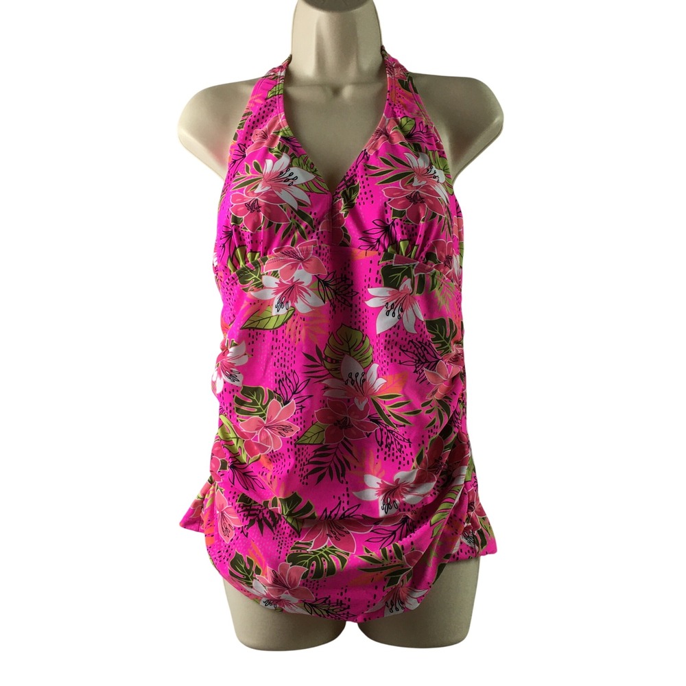 MeetCurve Pink Tropical Floral Halter Tankini Swim Top XL NWT Ruched Padded